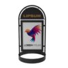 Black arched pavement sign with customizable header and poster display area, ideal for outdoor advertising