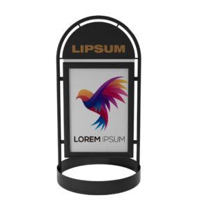 Black arched pavement sign with customizable header and poster display area, ideal for outdoor advertising