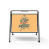 Metal A-frame sidewalk sign with rectangular display area, durable frame, and non-slip feet, suitable for indoor and outdoor use