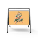 Metal A-frame sidewalk sign with rectangular display area, durable frame, and non-slip feet, suitable for indoor and outdoor use