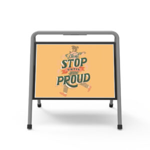 Metal A-frame sidewalk sign with rectangular display area, durable frame, and non-slip feet, suitable for indoor and outdoor use