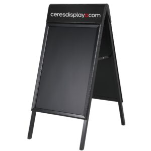 Black double-sided A-frame pavement sign with matte finish, foldable design, suitable for outdoor retail or restaurant use.